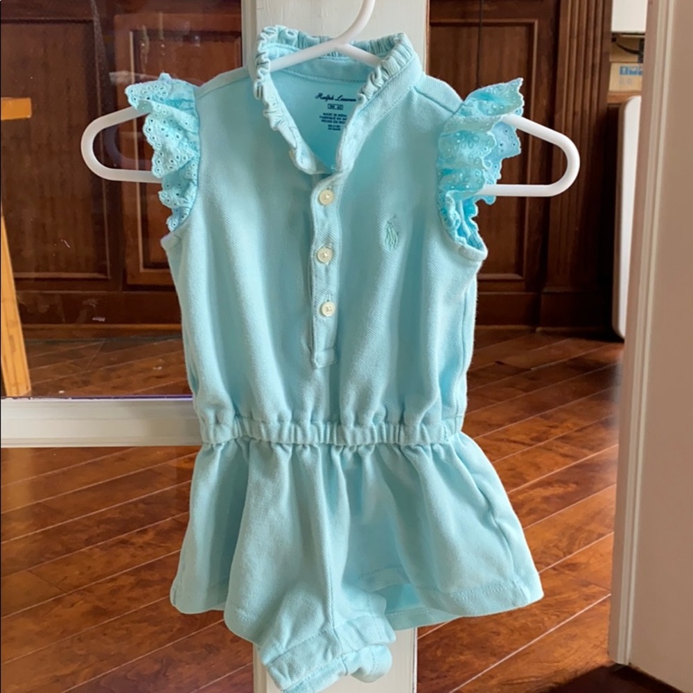 Ralph Lauren teal romper w/ eyelet cap sleeves